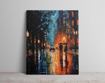 Rainy Night Town Digital Art Print Oil Painting Street Scene with Umbrellas and Car in Distance