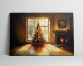 Impression d'art de Noël sans cadre : sapin de Noël et cheminée, décoration de maison pour Noël