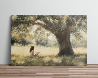 Wall Art Girl Reading Book Under Tree Art Print Stretched Open Field and Forest Home Decor Nature Lover Gift Literary
