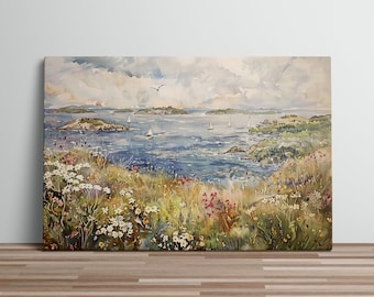 Ocean View Hilltop Canvas Art Print Islands Birds Sailboats Flowers Islands on the Water Scattered Islands