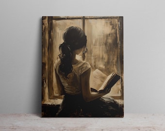 Vintage Art Print Oil Painting of Reading Girl Muted Yellow Tones Classic Literary Art Peaceful Wall Decor