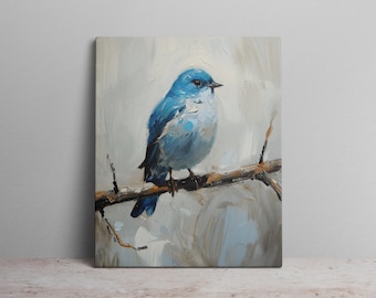 Bluebird Perching on Branch Canvas Art Print Oil Painting Neutral Pale Background Blue Bird on Branch Bird Perching