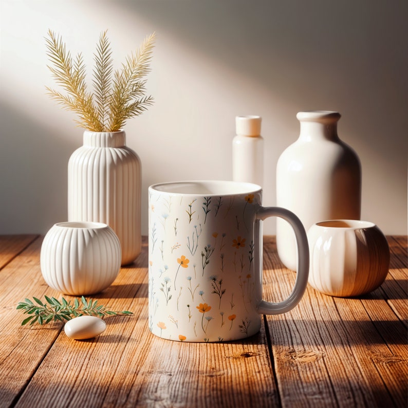 A mug with a dainty floral design with blue, yellow, and white flowers. The main color of the mug is white on the inside and outside.