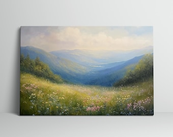 Impression sur toile d'art mural paysage de vallée avec vue sur la montagne, tons ocre, fleurs sauvages, décoration naturelle, affiche pittoresque
