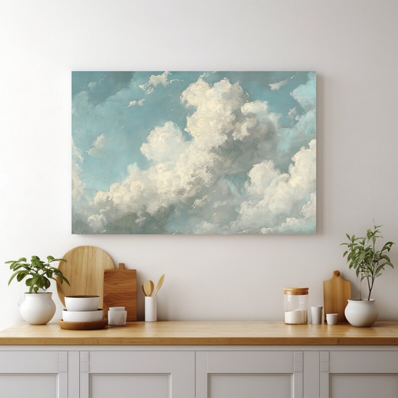 Blue Sky With White Thick Clouds Art Print Oil Canvas Painting Large ...