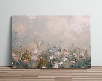 Pale Flower Field Art Print Oil Painting Tranquil Floral Meadow Canvas Art