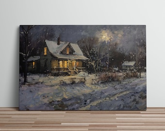 Snowy Cabin Night Scene Art Print Oil Painting Moonlit Winter Landscape Canvas Art