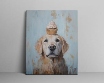 May include: A golden retriever dog with a pink and white cupcake on its head. The dog is looking up with a sweet expression. The background is a light blue with a textured, faded look.