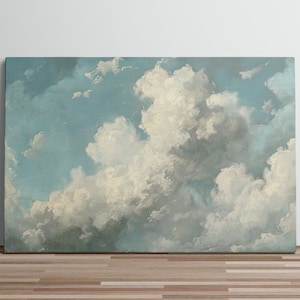 Blue Sky with White Thick Clouds Art Print Oil Canvas Painting Large Clouds Canvas Wall Art Cloudy Sky Canvas