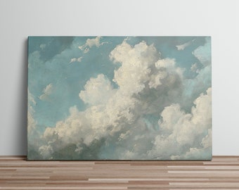 Blue Sky with White Thick Clouds Art Print Oil Canvas Painting Large Clouds Canvas Wall Art Cloudy Sky Canvas