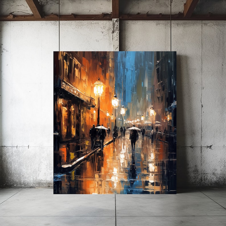 Vibrant Rainy Night Cityscape Digital Art Print Oil Painting Urban ...