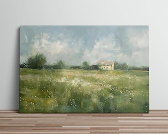 Grassland Farmhouse Wooden Fence Large Trees Blue Sky Puffy Clouds Canvas Art Print Oil Painting Farm Lands Flowery Fields