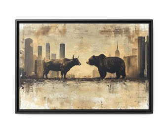 Stampa su tela con silhouette di orso e toro, decorazione da parete, regalo per trader di borsa, investitore, arredamento rustico, colori neutri, design minimalista