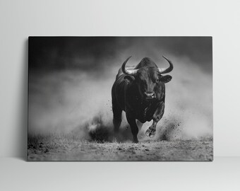 Day Trading Decor Bull Charging Painting Finance Investor Scalper Wall Art Black and White Realistic Artwork Canvas Art