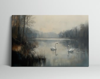 Canvas Print Swans Swimming in Lake Wall Art for Home Decor Nature Landscape Matte Canvas Lake and Trees Wildlife Art