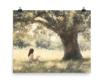 Fille lisant sous un arbre, impression d'art sans cadre mat, champ ouvert, scène forestière, amoureux de la nature, cadeau littéraire, décoration d'intérieur