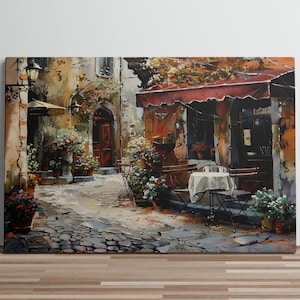 Tranquil European Street Scene Canvas Oil Painting Serene Cityscape with Empty Streets Shops European Shops