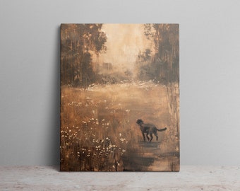Vintage Black Dog Canvas Art Print Oil Painting Forest Field Scenery Yellow Tone Canvas Wall Art