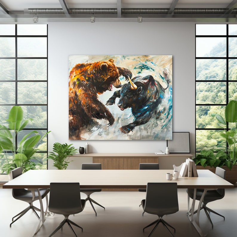 Abstract Bulls Vs Bears Market Fight Canvas Art Print for Traders and ...
