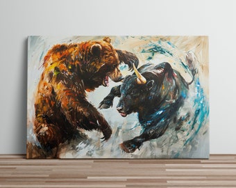 Abstract Bulls vs Bears Market Fight Canvas Art Print for Traders and Investors Animals Fighting Grizzly and Black Bull