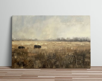 Open Pasture Cows Grazing Canvas Art Print Oil Painting Wide Yellow Grass Wall of Trees Blue Sky Farmland Cows