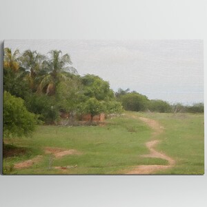 May include: A painting of a rural landscape with a dirt path leading through a field of green grass. There are trees and bushes in the background, and the sky is a light blue.