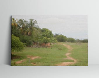 Chemin à travers le champ avec un bâtiment cassé, art mural, palmiers et forêt, impression sur toile mate, décoration d'intérieur, cadeau, nature