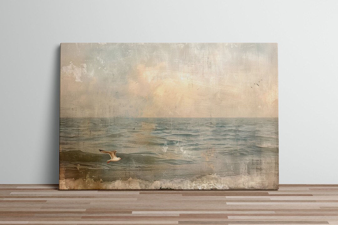 Lone Seagull Flying Over Ocean Canvas Art Print Oil Painting Coastal ...
