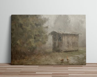 Rustic Art Print Oil Painting Chicken Coop Two Chickens Pale Muted Colors Pine Tree Farm Life Farm Animals