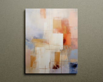 Muted Tones Abstract Digital Art Print Oil Painting with Yellow Orange Brown White Blue Squares