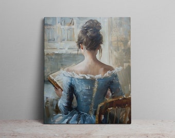 Vintage Girl Reading Book Canvas Art Print Oil Painting Blue Toned Dress Pale Colors Vintage Art Style Decor