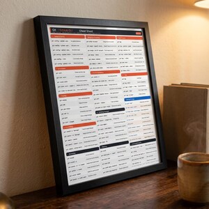 K&ouml;nnte beinhalten: Ein gerahmtes Git und GitHub CLI Spickzettel-Poster mit wei&szlig;em Hintergrund, das organisierte Spalten technischer Befehle in schwarzem Text zeigt, hervorgehoben durch orangefarbene, blaue und schwarze Kopfzeilen in einem schlichten schwarzen Rahmen.