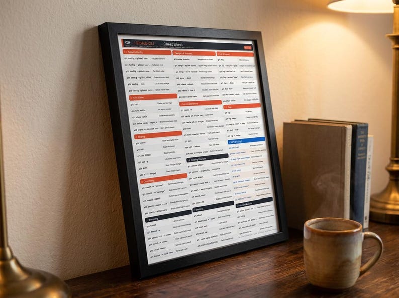 K&ouml;nnte beinhalten: Ein gerahmtes Git und GitHub CLI Spickzettel-Poster mit wei&szlig;em Hintergrund, das organisierte Spalten technischer Befehle in schwarzem Text zeigt, hervorgehoben durch orangefarbene, blaue und schwarze Kopfzeilen in einem schlichten schwarzen Rahmen.