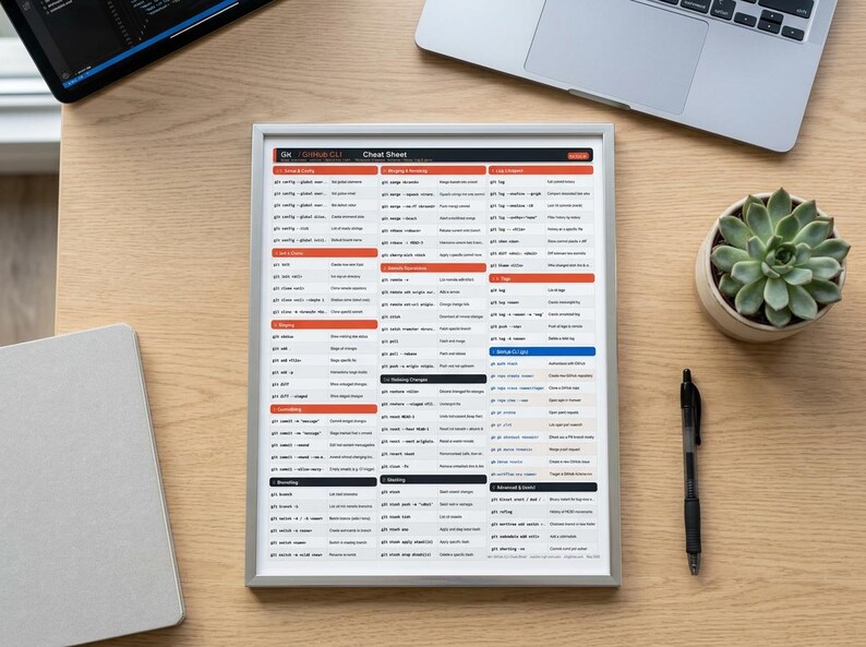 K&ouml;nnte beinhalten: Ein gerahmtes GitHub CLI-Spickzettel-Blatt auf wei&szlig;em Papier mit orangefarbenen &Uuml;berschriften und schwarzem Text. Das Dokument enth&auml;lt organisierte Spalten mit Befehlszeilenanweisungen, einschlie&szlig;lich Abschnitten f&uuml;r auth, repo, issue, pr, release und gist, in einem klaren, technischen Layout.