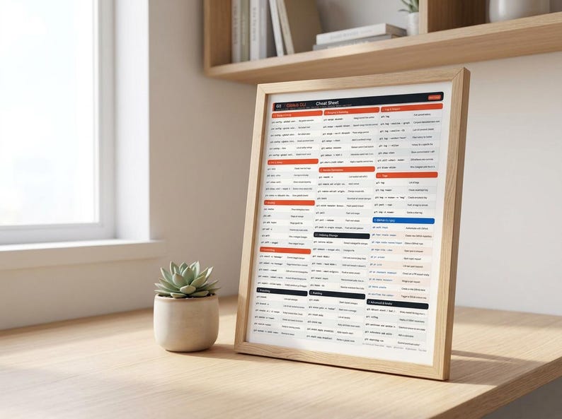 K&ouml;nnte beinhalten: Ein gerahmtes Referenzblatt mit dem Titel Cheat Sheet, das ein strukturiertes Layout mit orangefarbenen, blauen und schwarzen &Uuml;berschriften aufweist. Das Dokument enth&auml;lt mehrere Textspalten, die in Kategorien unterteilt sind, in einem hellen Holzrahmen.