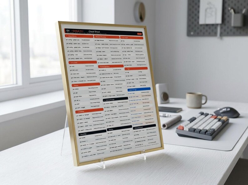 K&ouml;nnte beinhalten: Ein gerahmtes GitHub CLI-Spickzettel-Poster mit goldfarbenem Rahmen, das auf einem durchsichtigen Acrylst&auml;nder steht. Das Poster hat ein strukturiertes Layout mit orangefarbenen &Uuml;berschriften und schwarzem Text, das verschiedene Befehle auflistet.