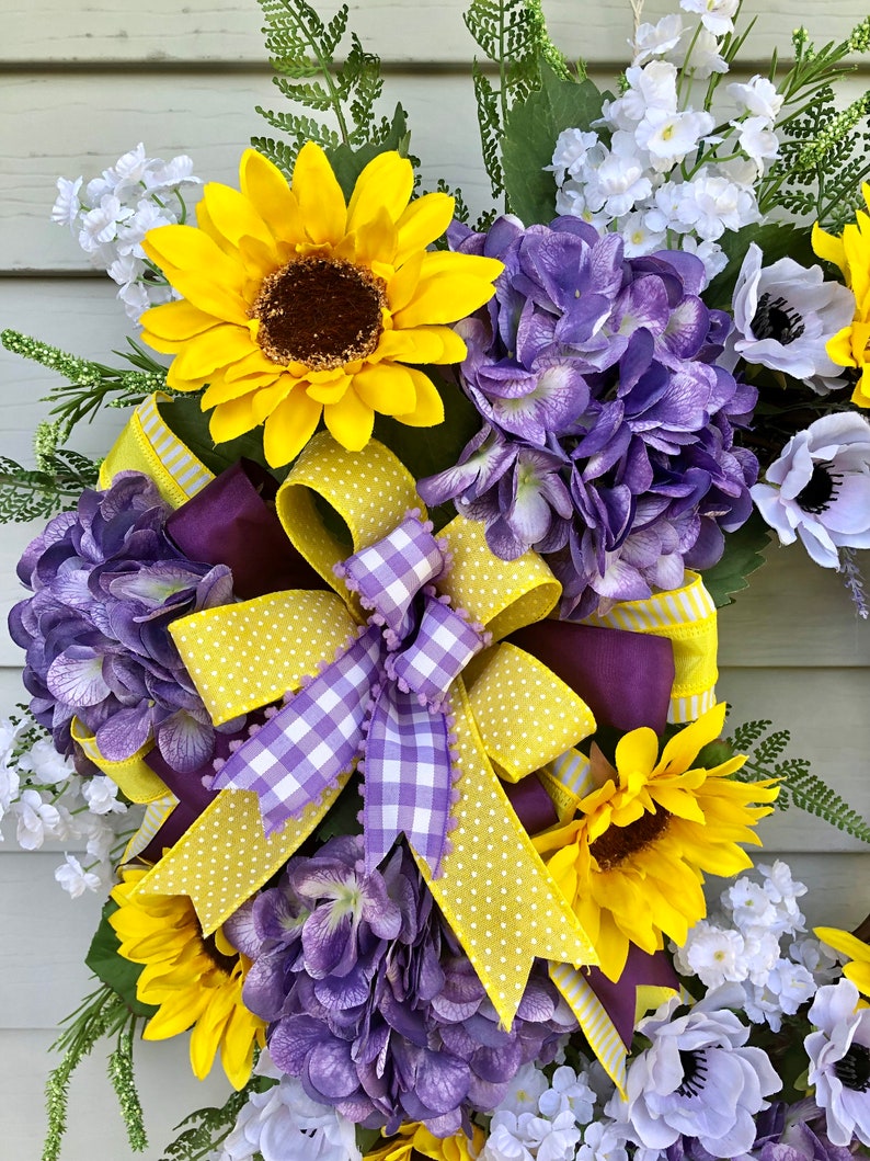 Purple Hydrangea and Sunflower Wreath for Front Door, Summer Wall Decor ...