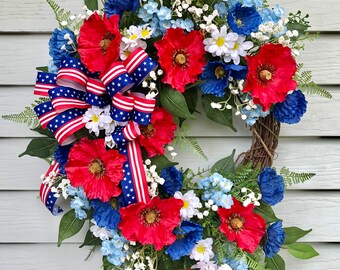 Patriotic poppy wreath for front door, Memorial Day wreath, July 4th Americana wreath, Military Veteran's day American Flag wreath, Gift