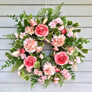 Coral and peach summer hydrangea wreath for front door, Porch entryway decor, Cottage garden decor, Housewarming handmade gift