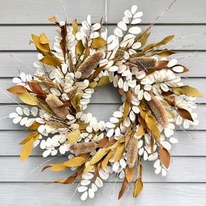 Fall Neutral Boho Wreath for Front Door, Cream and Beige Leaf Wreath with Faux Pampas Grass, Housewarming Gift, Wall Decor