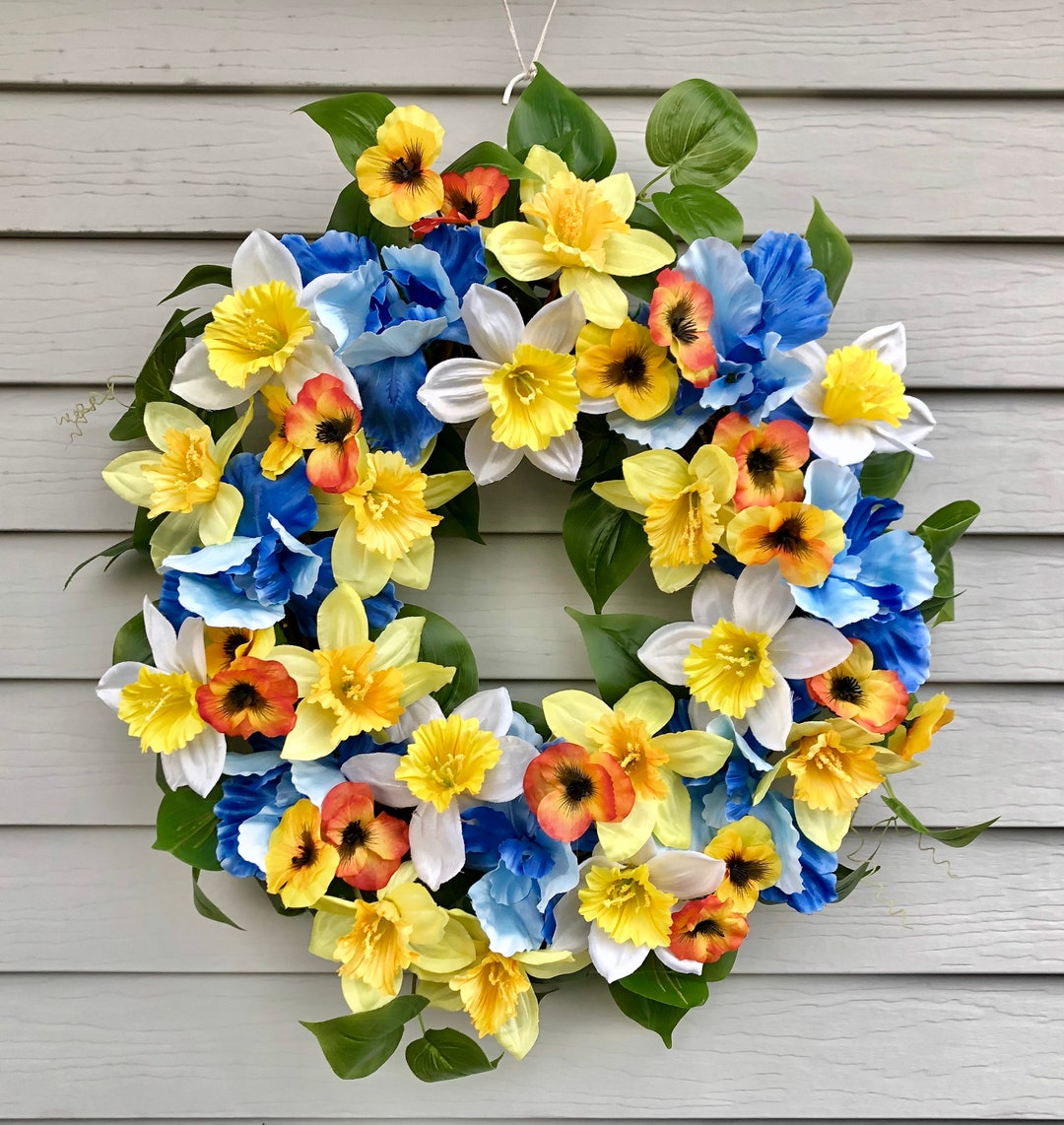 Spring Daffodils and Pansies Wreath for Front Door, White and Yellow