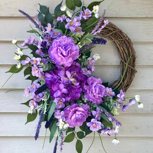 Purple Hydrangea and Carnation Wreath for Front Door, Purple Spring Wreath, Housewarming Gift, Mother's Day Gift, Easter Wreath Decor