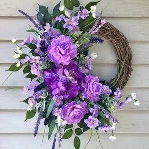 Purple Hydrangea and Carnation Wreath for Front Door, Purple Summer Wreath, Housewarming Gift, Mother's Day Gift, Mantel Wall Decor
