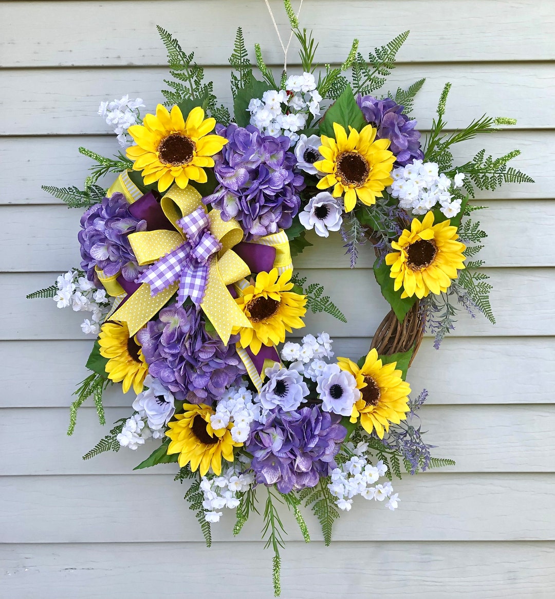 Purple Hydrangea and Sunflower Wreath for Front Door, Summer Wall Decor ...