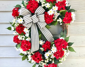 Red Geranium Summer Wreath for Front Door, Geranium Floral Wreath, Farmhouse decor, All Year Round Wreath with Geraniums, Housewarming gift