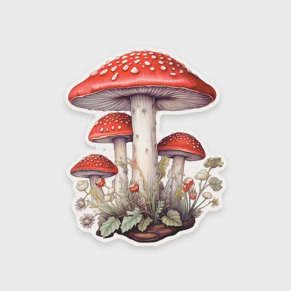 Mushroom sticker with wild flowers • For water bottles, laptops, Kindles, or planners • Amanita Muscaria • Waterproof • Dishwasher-safe