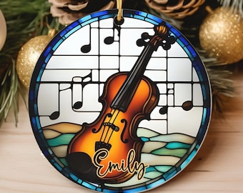 Personalized Violin Christmas Ornaments Ceramic w Stained Glass Print Custom Violin Ornament Band Student Gift Sax Music Teacher Gift