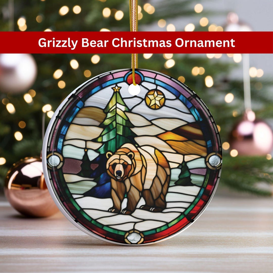 Grizzly Bear Christmas Ornament Ceramic W Stained Glass Design Print ...