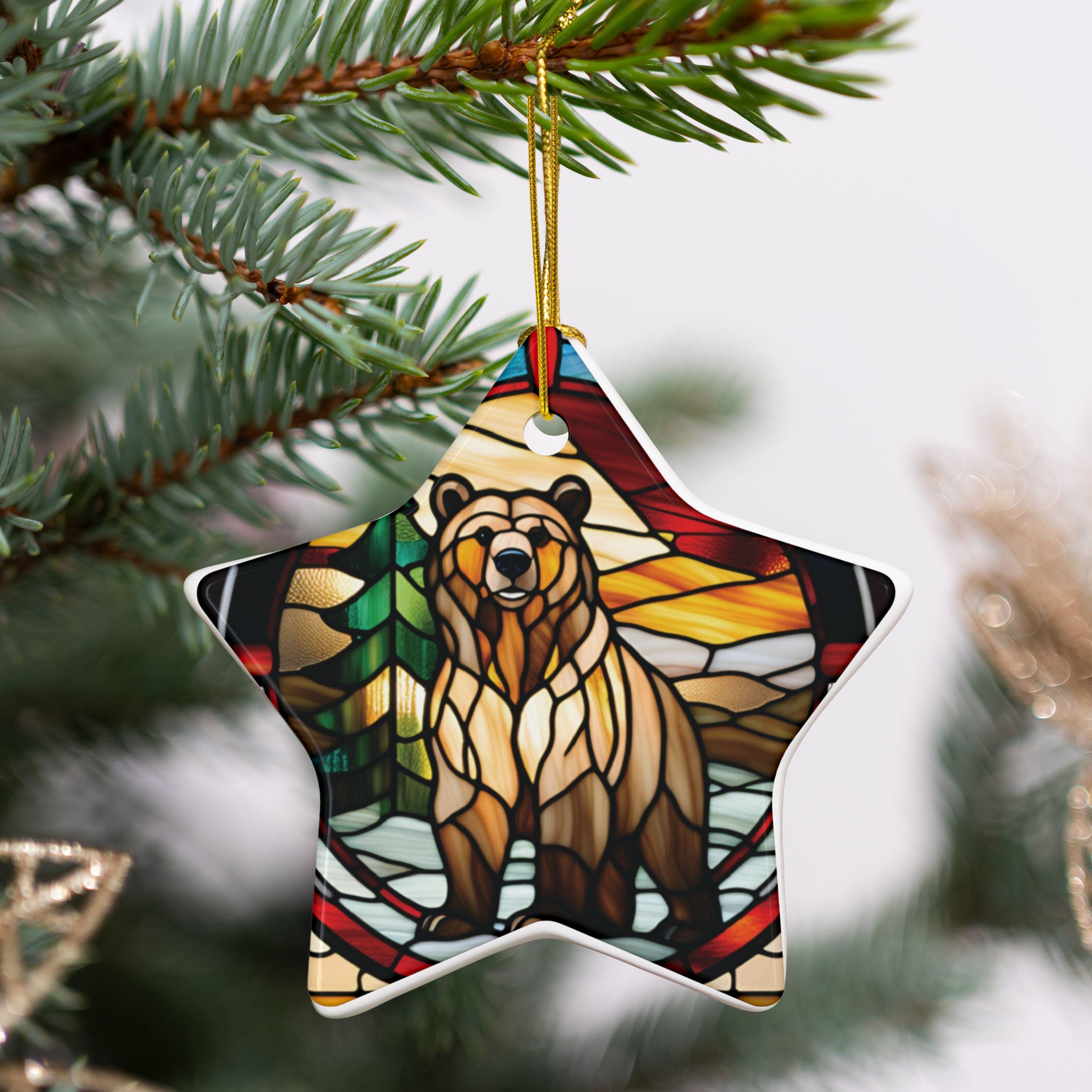 Grizzly Bear Christmas Ornament Ceramic W Stained Glass Design Print ...