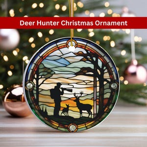 Deer Hunter Christmas Ornament Ceramic w Stained Glass Design Print Deer Hunting Gifts Christmas Ornament for Deer Hunter Camp Hunter Gift